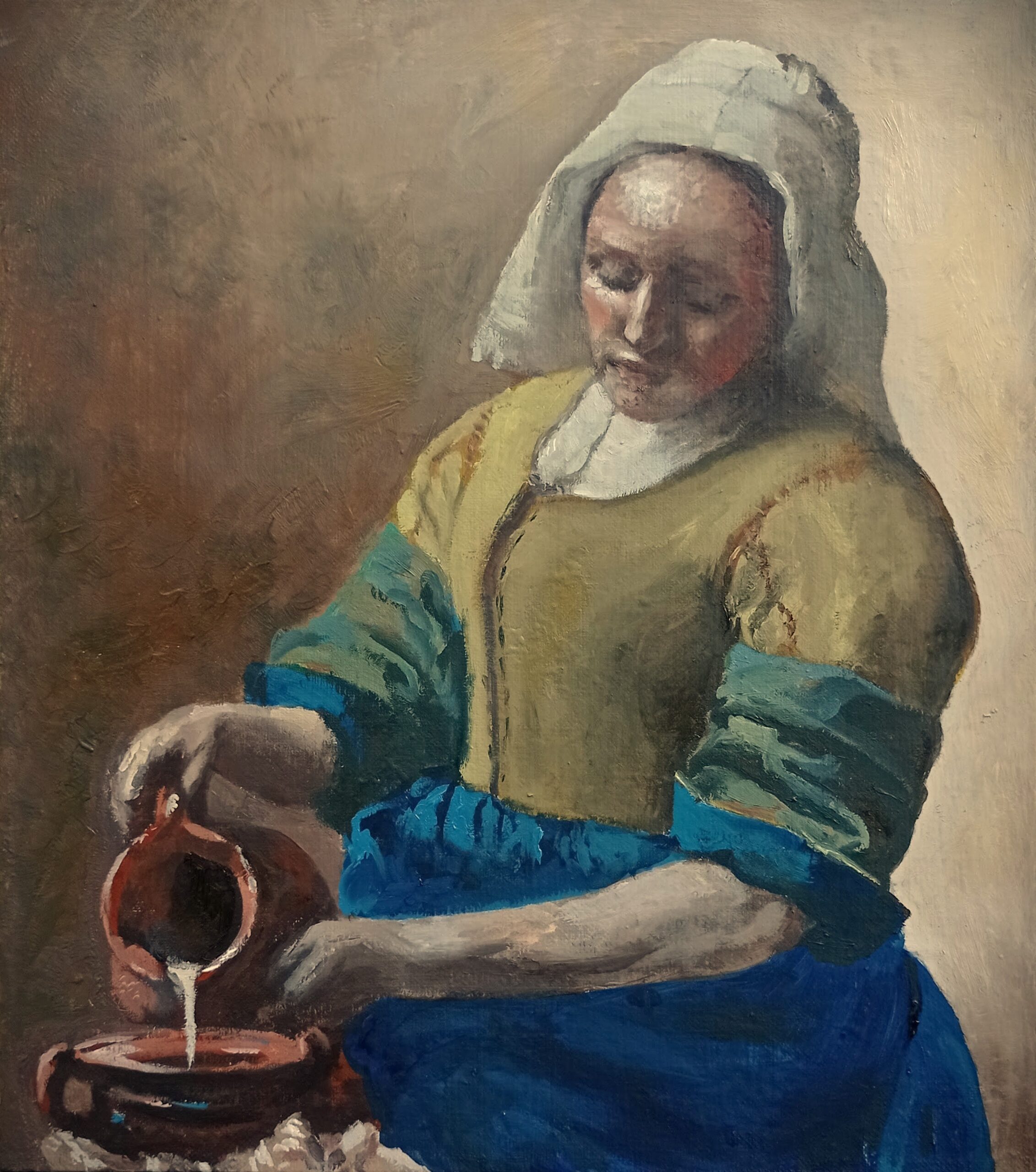 Johannes Vermeer van Delft után: Tejet öntő nő (részlet)