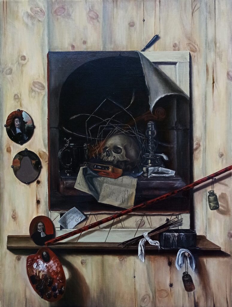 Cornelius Norbertus Gijsbrechts után: Trompe l'oeil stúdiófallal és vanitas csendélettel 2022 olaj, vászon 80x 60 cm olajfestmény, reprodukció, festménymásolat, zsofineart